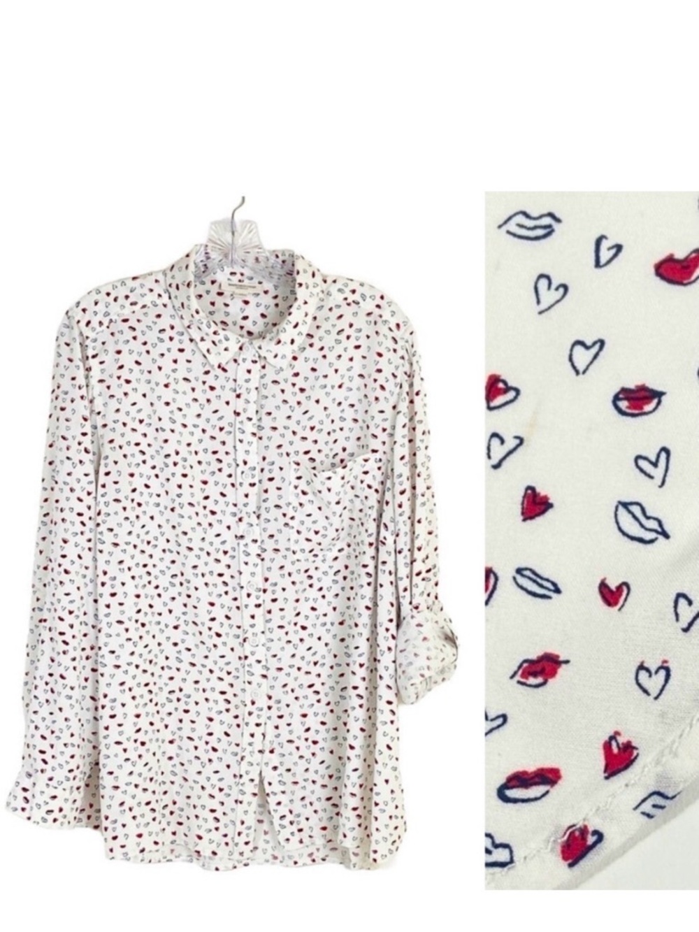 Hearts and Lips Print Blouse Button Front Shirt Roll Tab Sleeve 1X